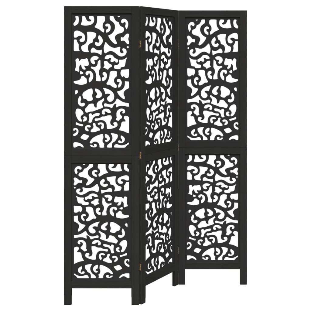 Room Divider 3 Panels Black Solid Wood Paulownia